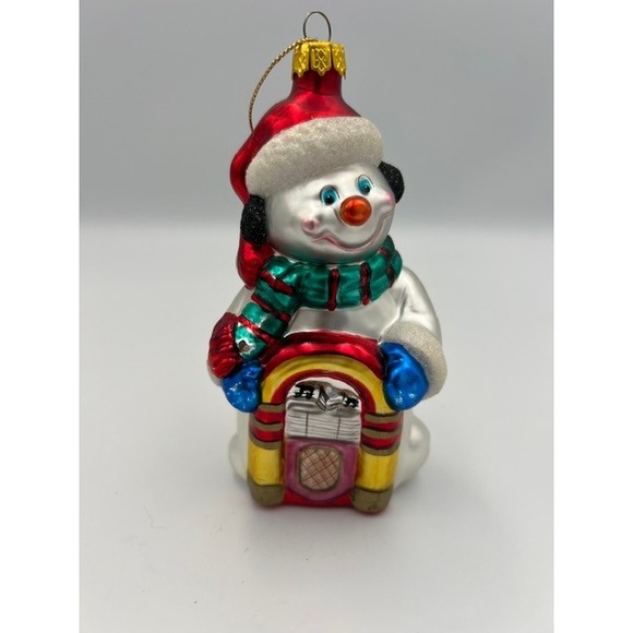 Other - Vintage Snowman Retro Jukebox Glass Christmas Ornament Santa Hat 5.25in 1990's